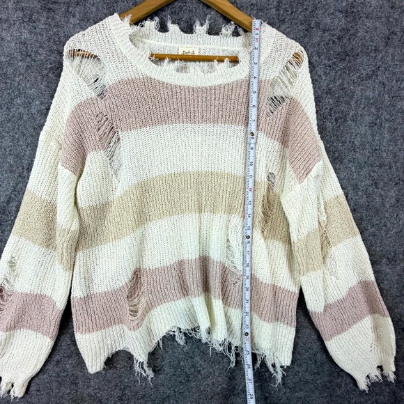 Pol Sweater Womens Large Beige Oversized Boho Light Grunge Distressed Raw Hem - Picture 4 of 6